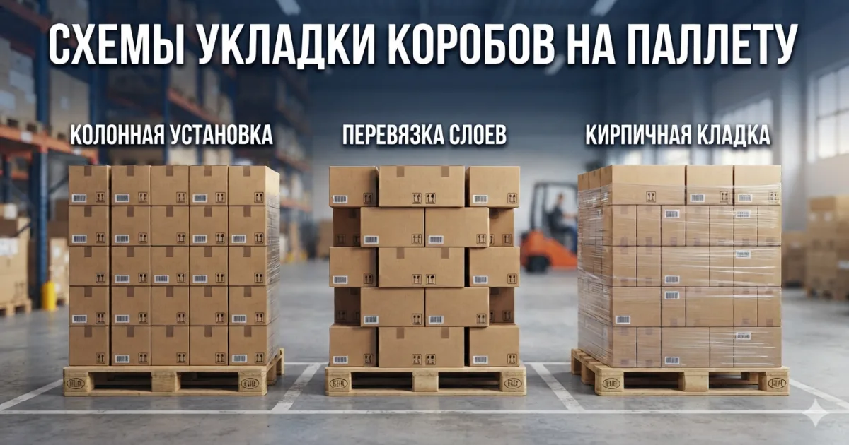 Схемы укладки коробов на паллету — колонная, перевязка, кирпич