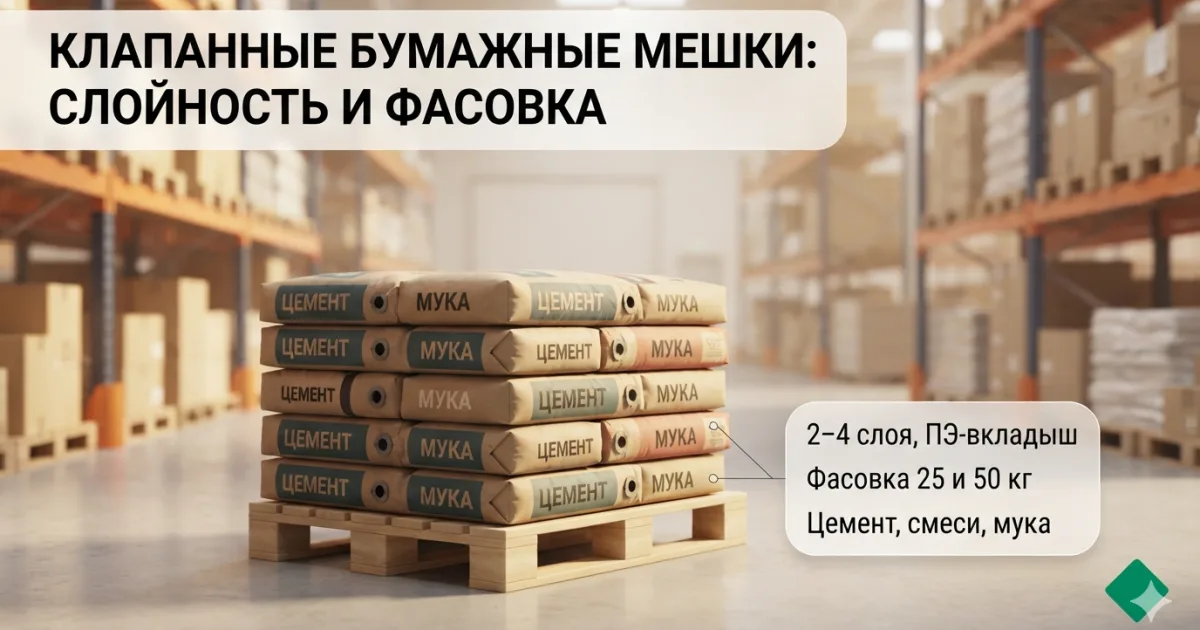 Клапанные бумажные мешки: слойность, вкладыш и фасовка